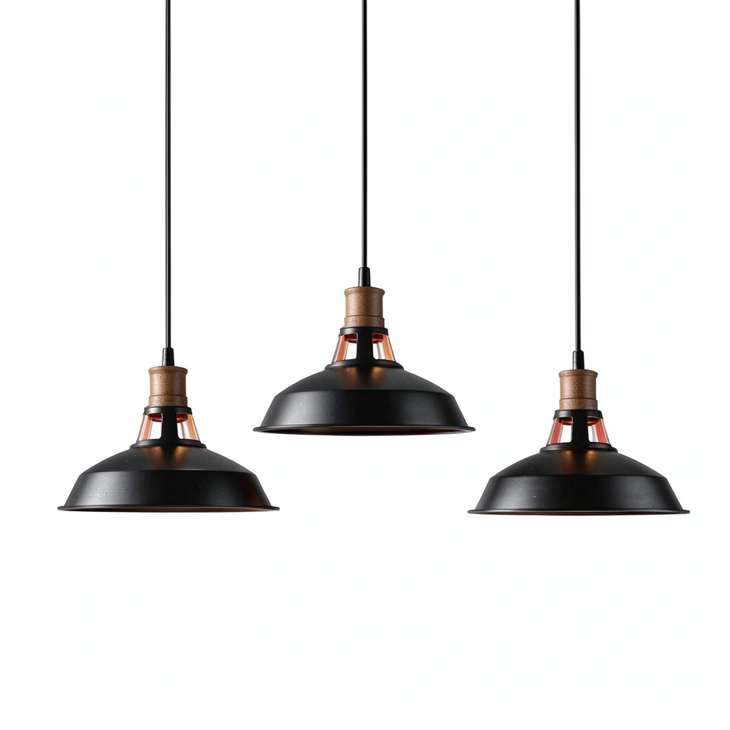 Industrial pendant light installed in a dining room with visible hollow design