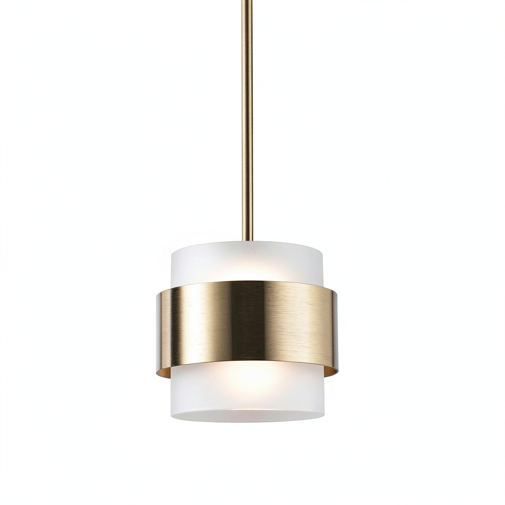 'Modern brass pendant light with frosted glass shade in a kitchen setting'