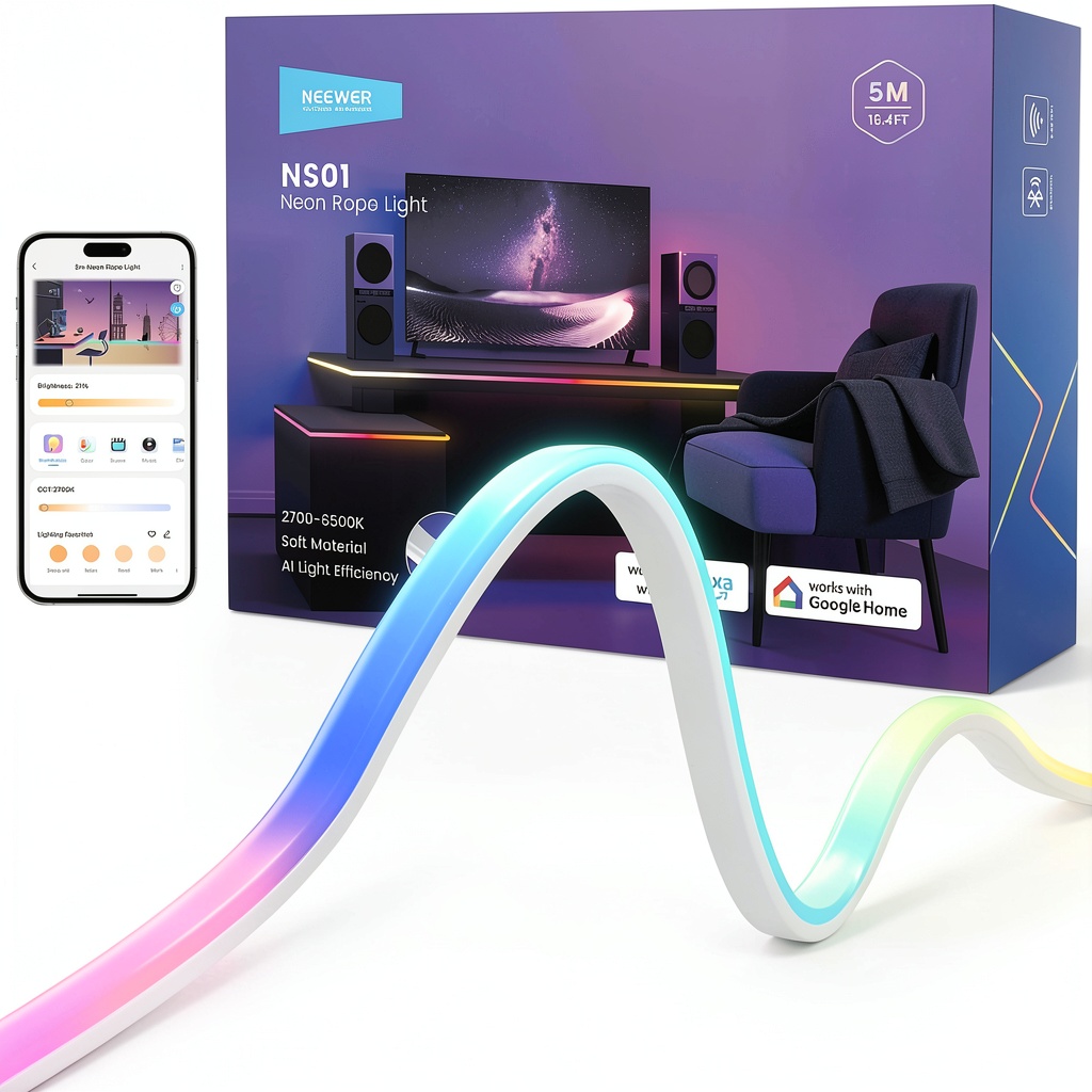Neewer LED strip lights installed along a bedroom wall showcasing vibrant colors