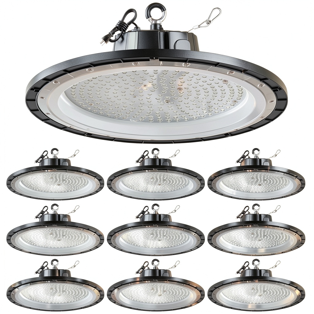 Pavo UFO LED high bay light illuminating a warehouse aisle