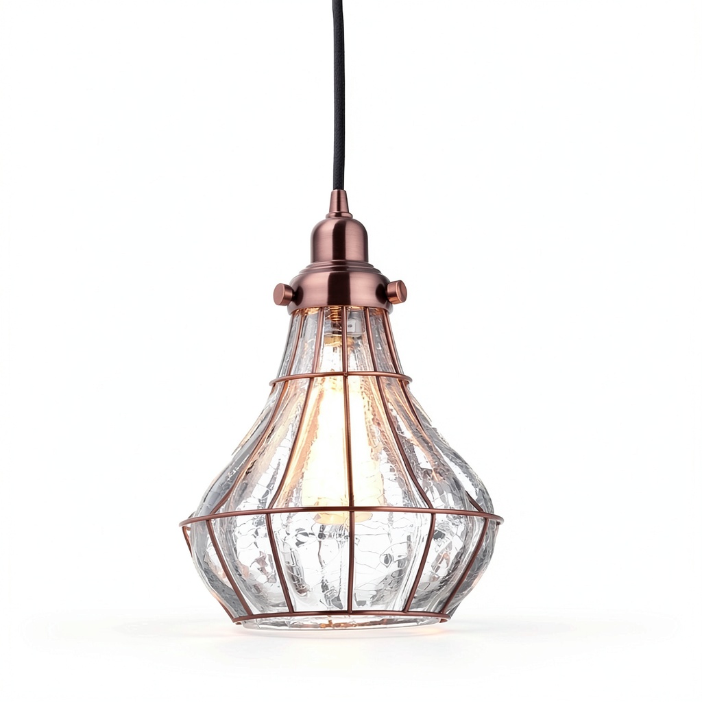 Rustic pendant light with cracked glass and copper cage in a farmhouse kitchen