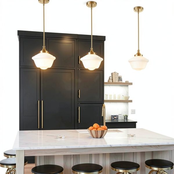 Schoolhouse Glass Pendant Light Gold Opal Fixture-1