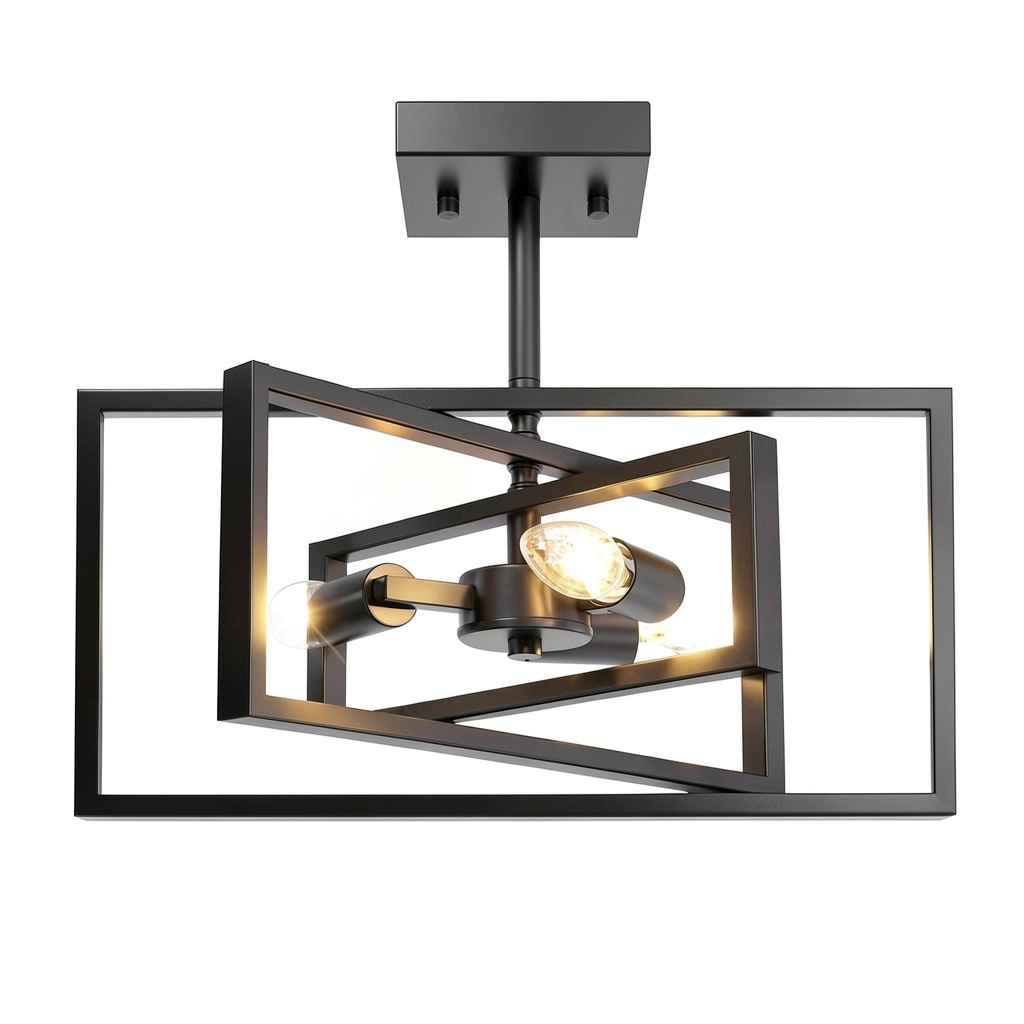 Farmhouse ceiling light with adjustable black frames in a kitchen setting