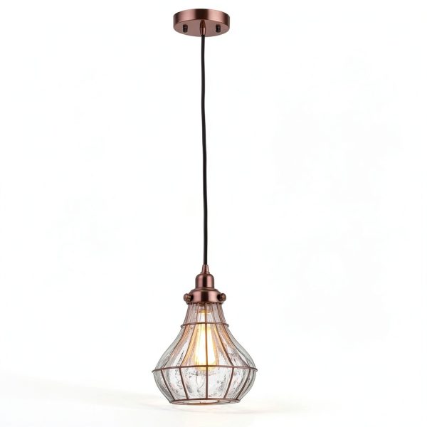 Rustic Pendant Light Antique Red Copper Cracked Glass-3
