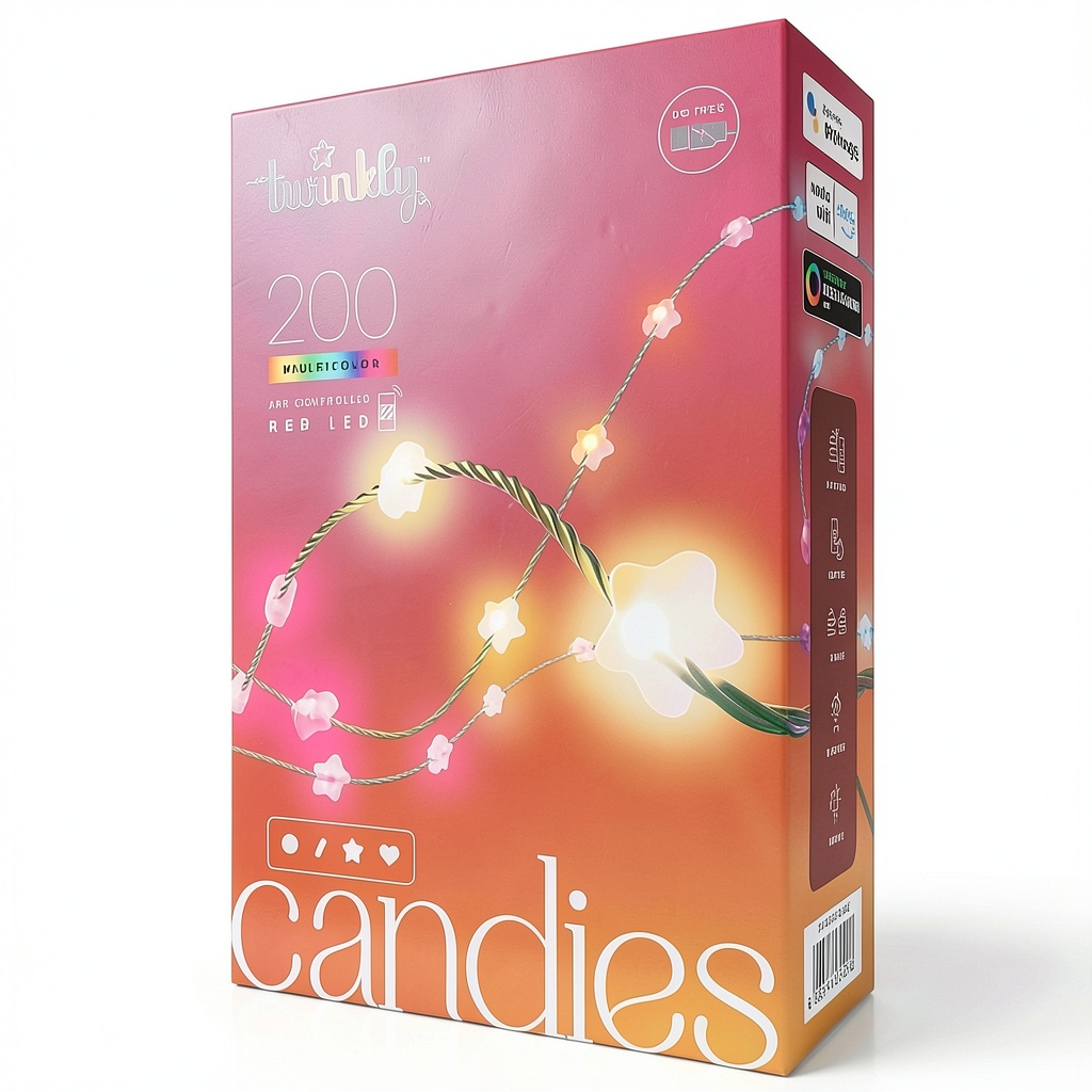 Twinkly Candies LED lights displaying multicolor star shapes in a cozy room setting