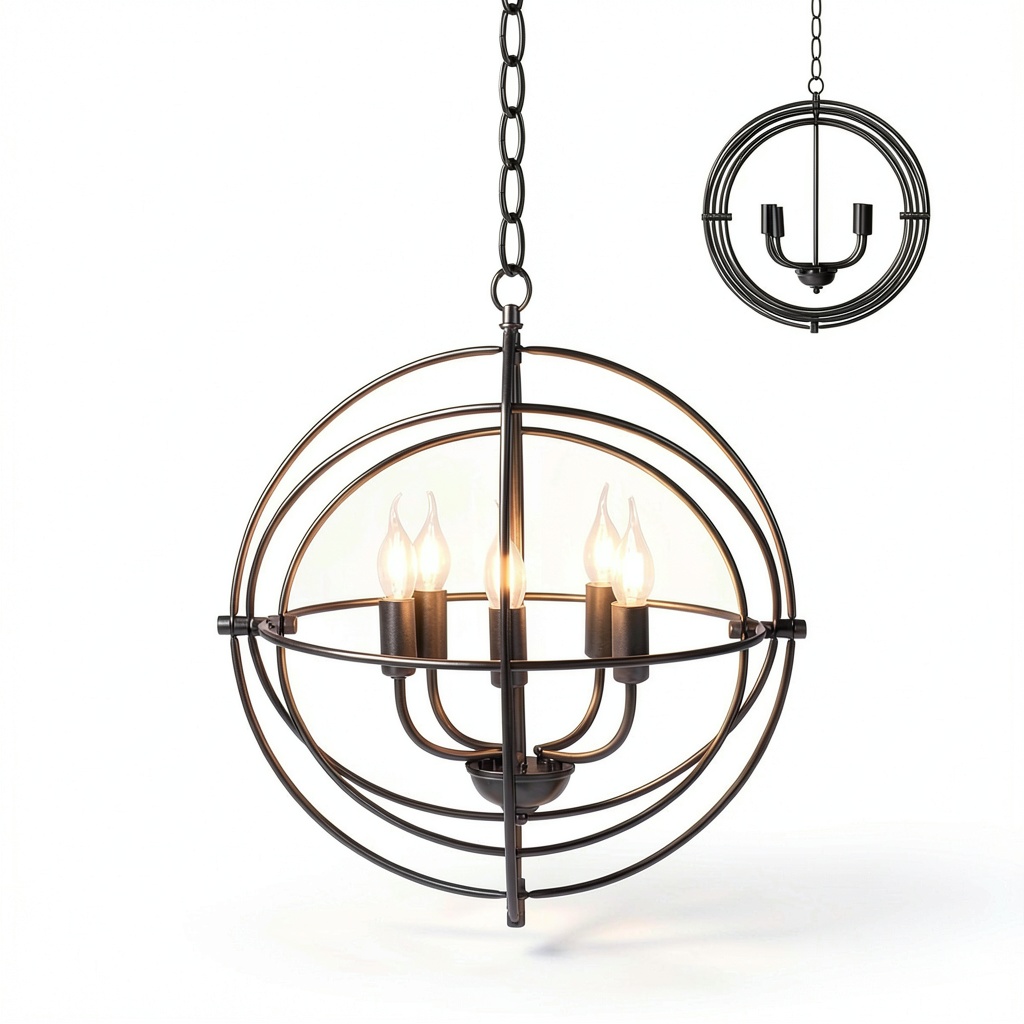 Industrial ceiling chandelier with rotatable iron coils in a modern room setting