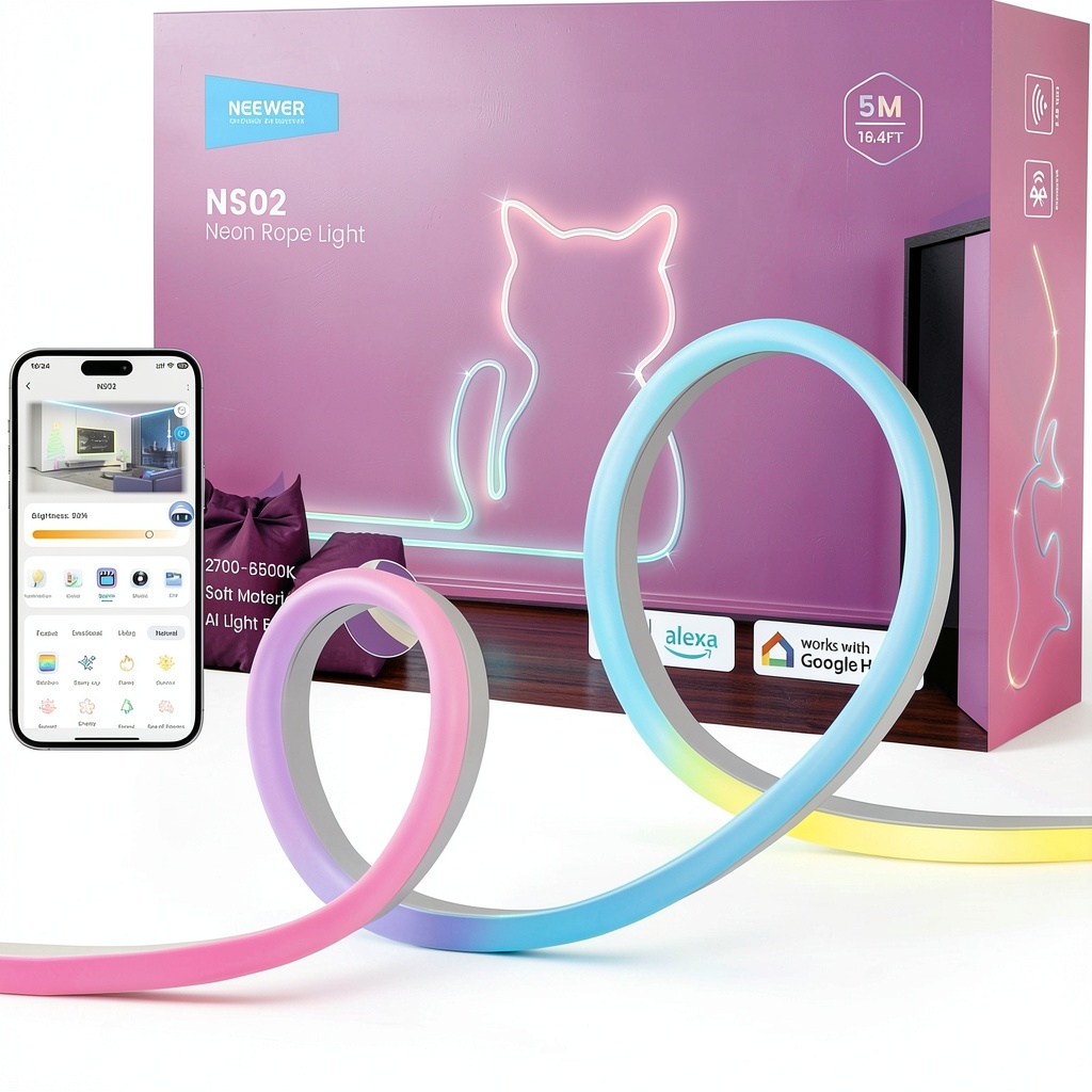 Neewer LED strip installed along a bedroom wall with vibrant colors