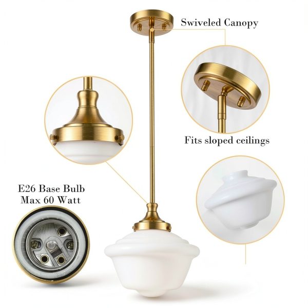 Schoolhouse Glass Pendant Light Gold Opal Fixture-6