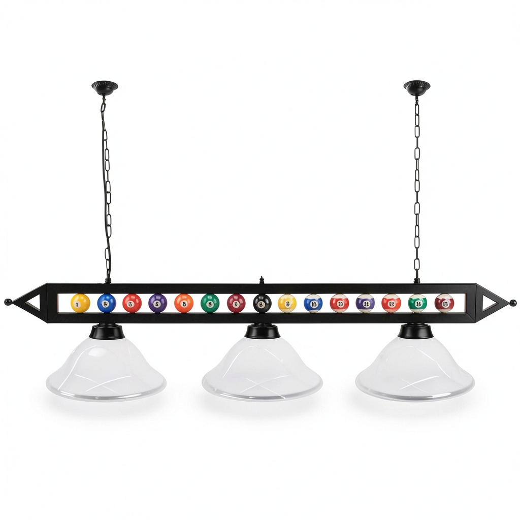 Professional pool table light with numbered balls and white lamp shades