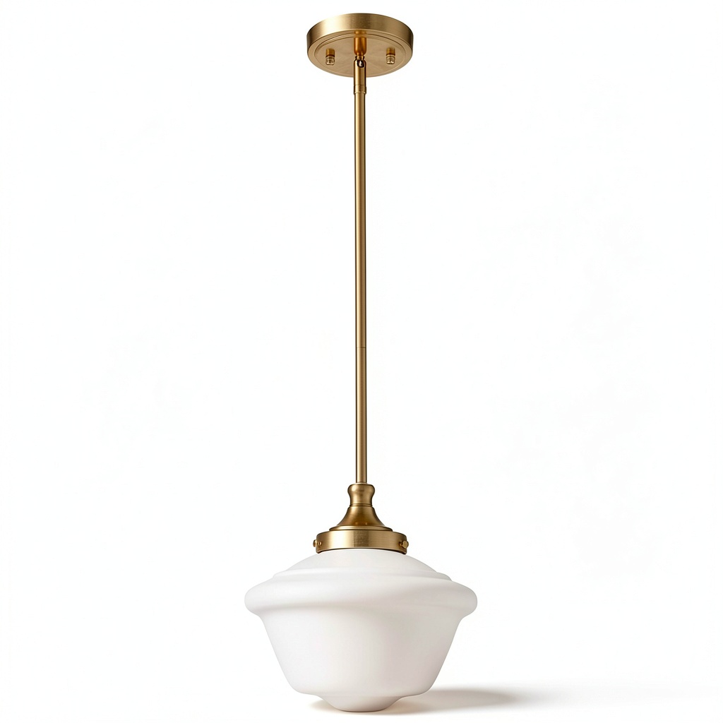 'Schoolhouse glass pendant light with gold finish in a kitchen setting'
